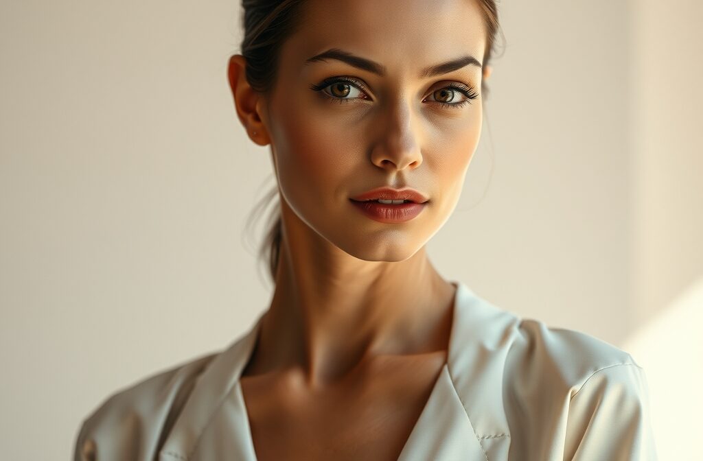 A portrait of a woman with smooth skin and subtle makeup, wearing a silky white blouse and looking confidently into the camera under soft, natural lighting.
